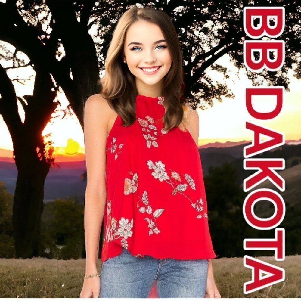 BB Dakota NEW Womens Laura Sleeveless Floral High Neck Halter Top Red Small NWT